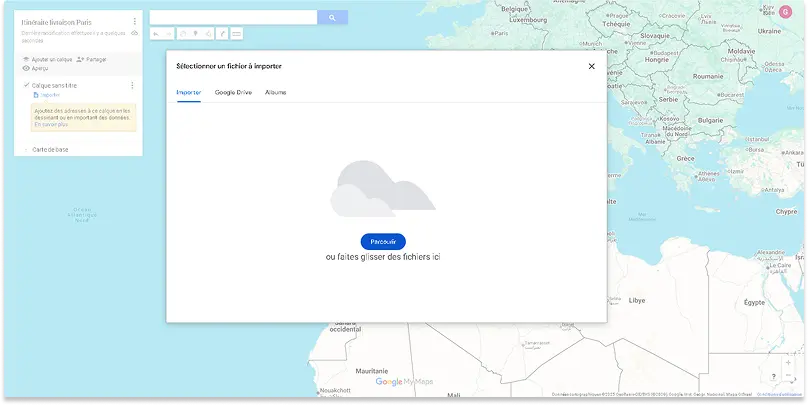 Capture d'écran de la boîte de dialogue « Sélectionner un fichier à importer » dans Google My Maps
