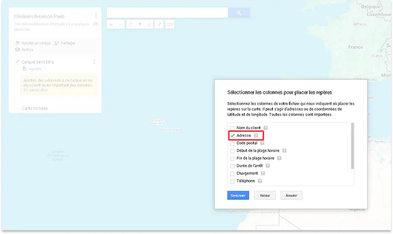 Capture d'écran de la boîte de dialogue Google My Maps intitulée : Sélectionner les colonnes pour placer les repères. La case « Adresse » est cochée