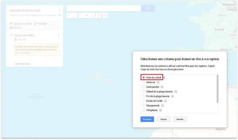 Capture d'écran de la boîte de dialogue Google My Maps intitulée : Sélectionner une colonne pour donner un titre à vos repères. La case « Nom du client » est cochée