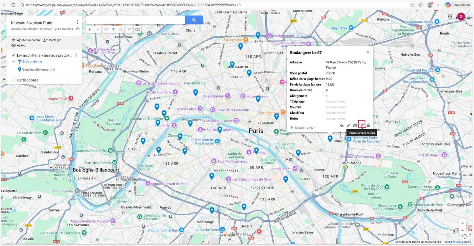 Capture d'écran de My Maps montrant la fiche d'informations d'un seul arrêt. Le bouton « Créer un itinéraire » est encadré en rouge