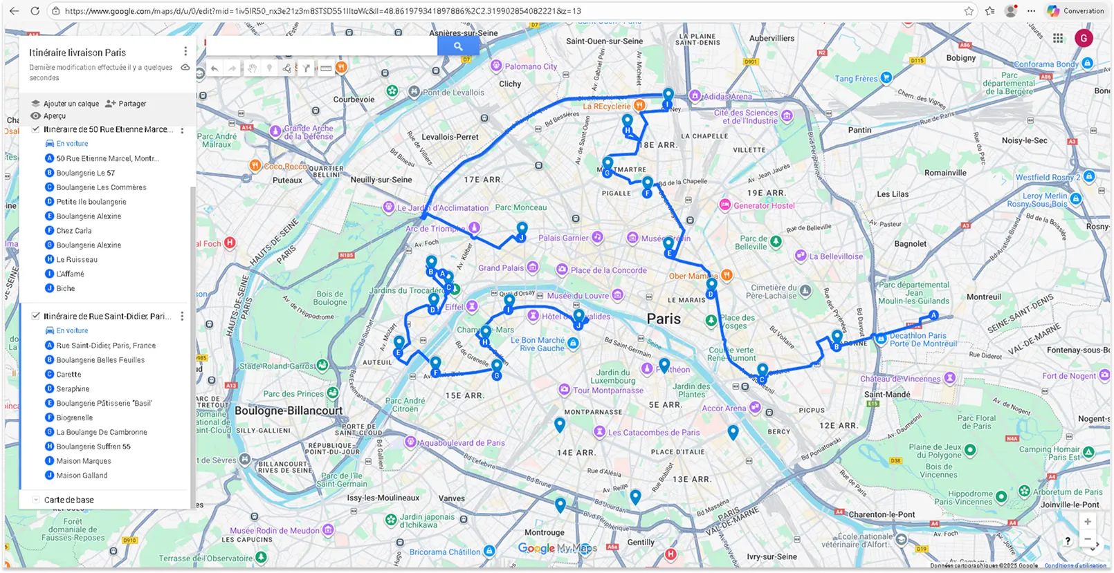 Capture d'écran de My Maps montrant deux itinéraires créés à Paris