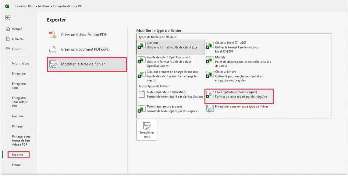 Capture d'écran montrant comment exporter le fichier Excel au format CSV