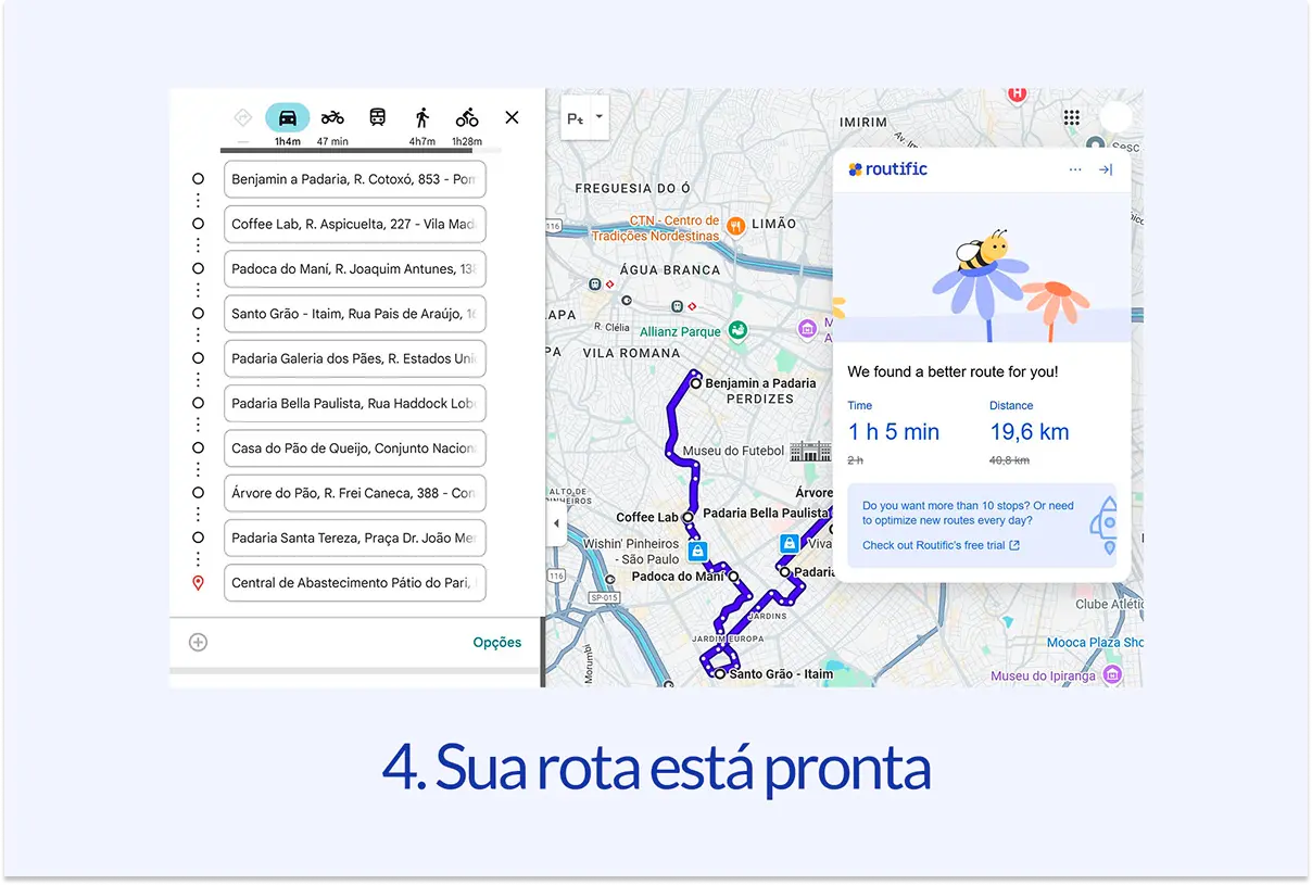 Captura de tela mostrando uma rota otimizada pela Routific no Google Maps. Texto: 4. Sua rota está pronta.