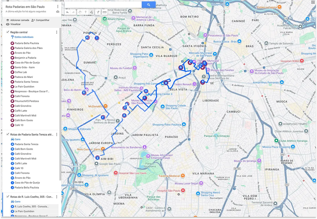Captura de tela inteira do My Maps mostrando duas camadas de rotas com diversas paradas.