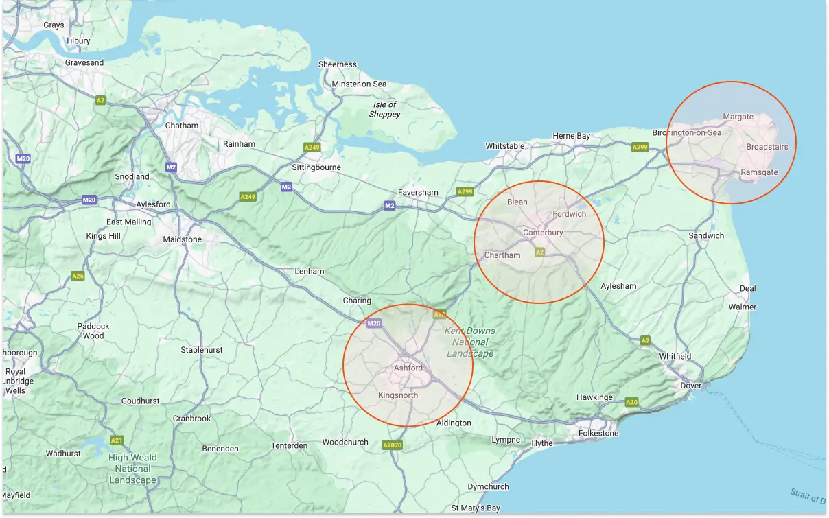 Google Maps screenshot showing East Kent. There are circles around Ashford, Canterbury, and Thanet.