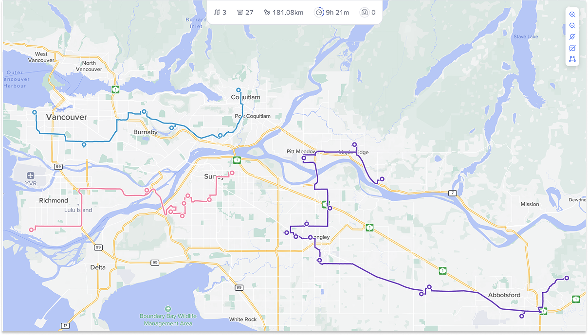 Routific screenshot showing three different, color-coded routes in the Fraser Valley of British Columbia. 