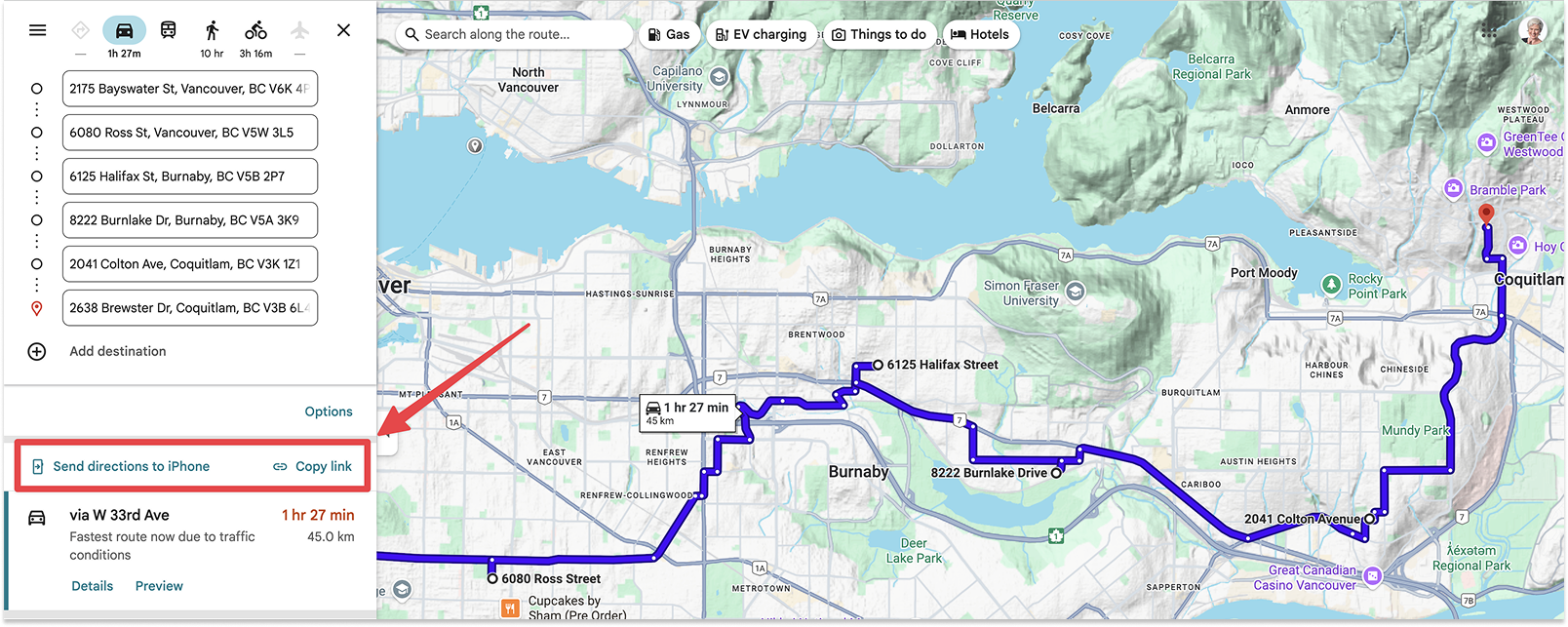 Google Maps screenshot of a route through Vancouver and Burnaby to Port Coquitlam and Coquitlam. The instructions “Send directions to phone” and “Copy link” are highlighted with a red box and an arrow.