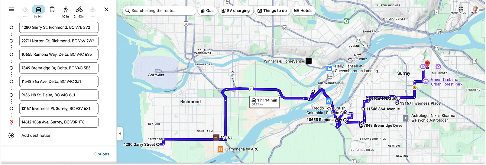 Google Maps screenshot of a route through Richmond, Delta, and Surrey in British Columbia. 