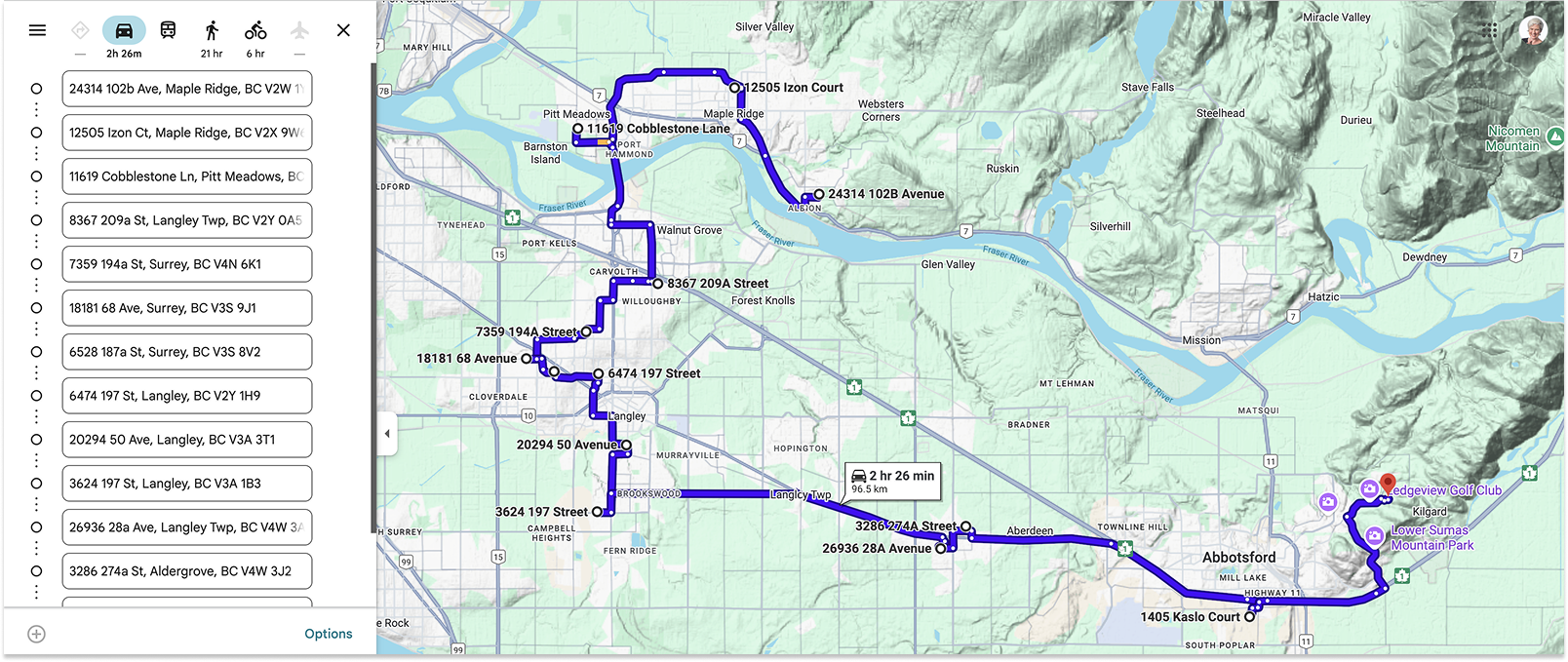 Google Maps screenshot of a route through Maple, Langley, and Abbotsford in British Columbia. 