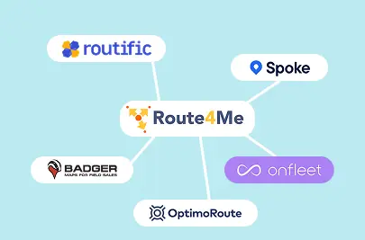  Illustration showing the logos of Route4Me competitors discussed in this article: Routific, Onfleet, Optimoroute, Badger Maps, and Spoke. 