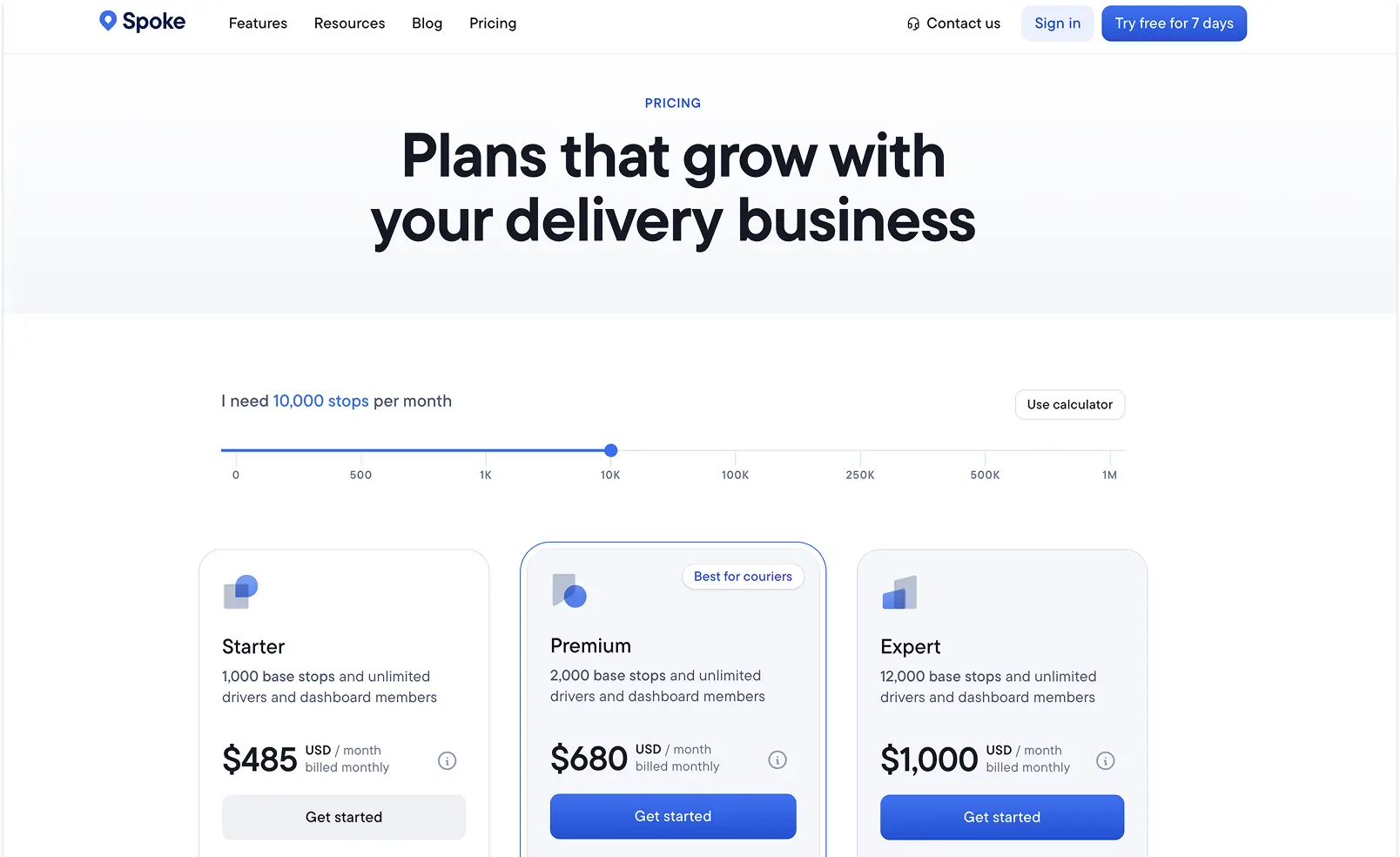 Screenshot of Spoke Dispatch pricing page