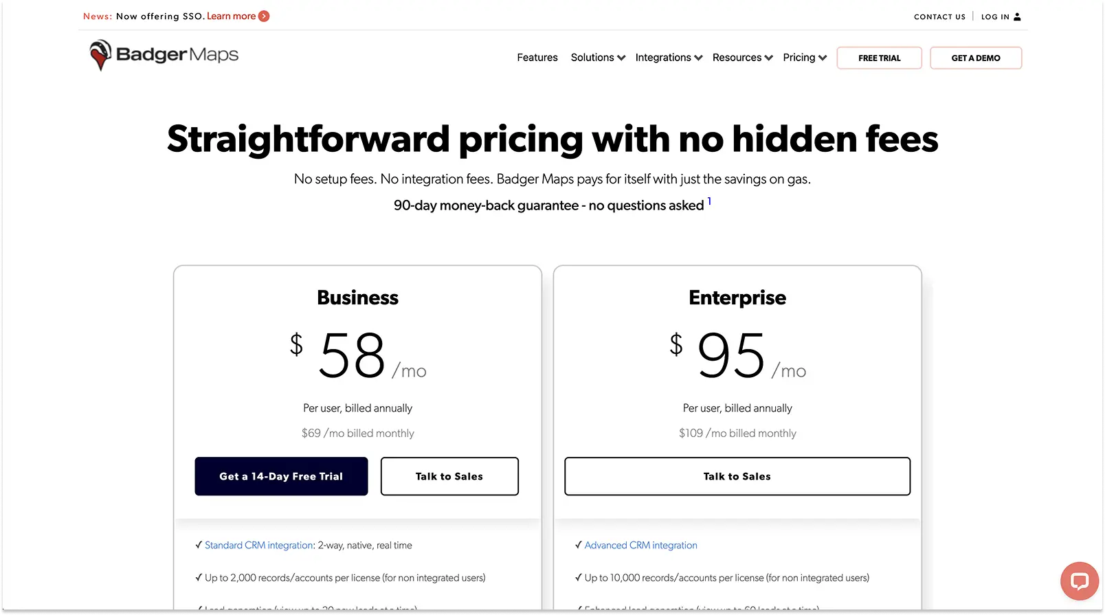 Screenshot of Badger Maps pricing page