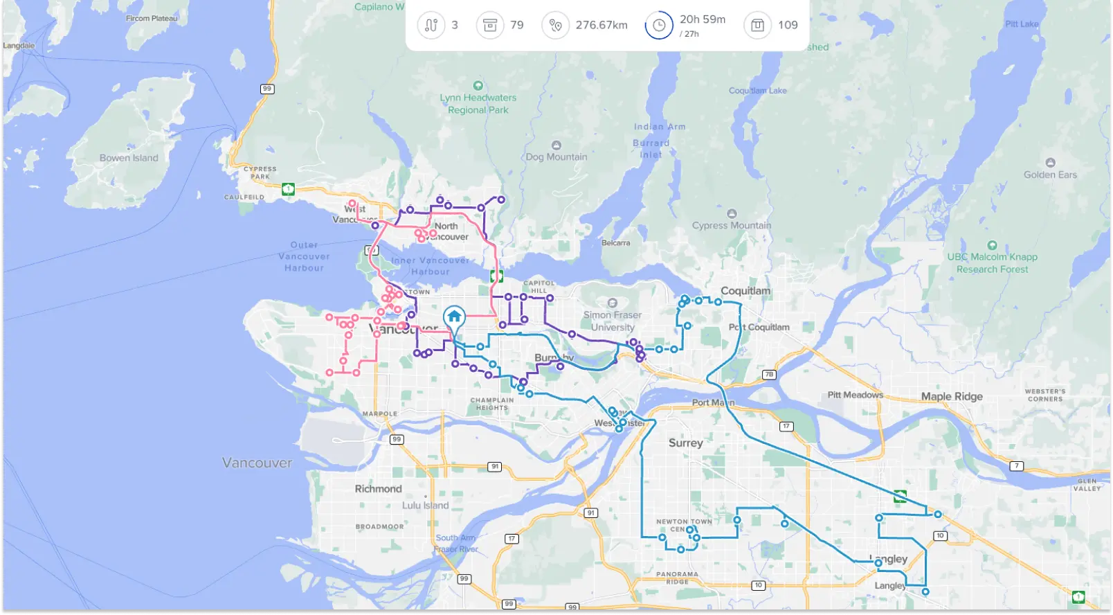 Screenshot of routes planned with Routific