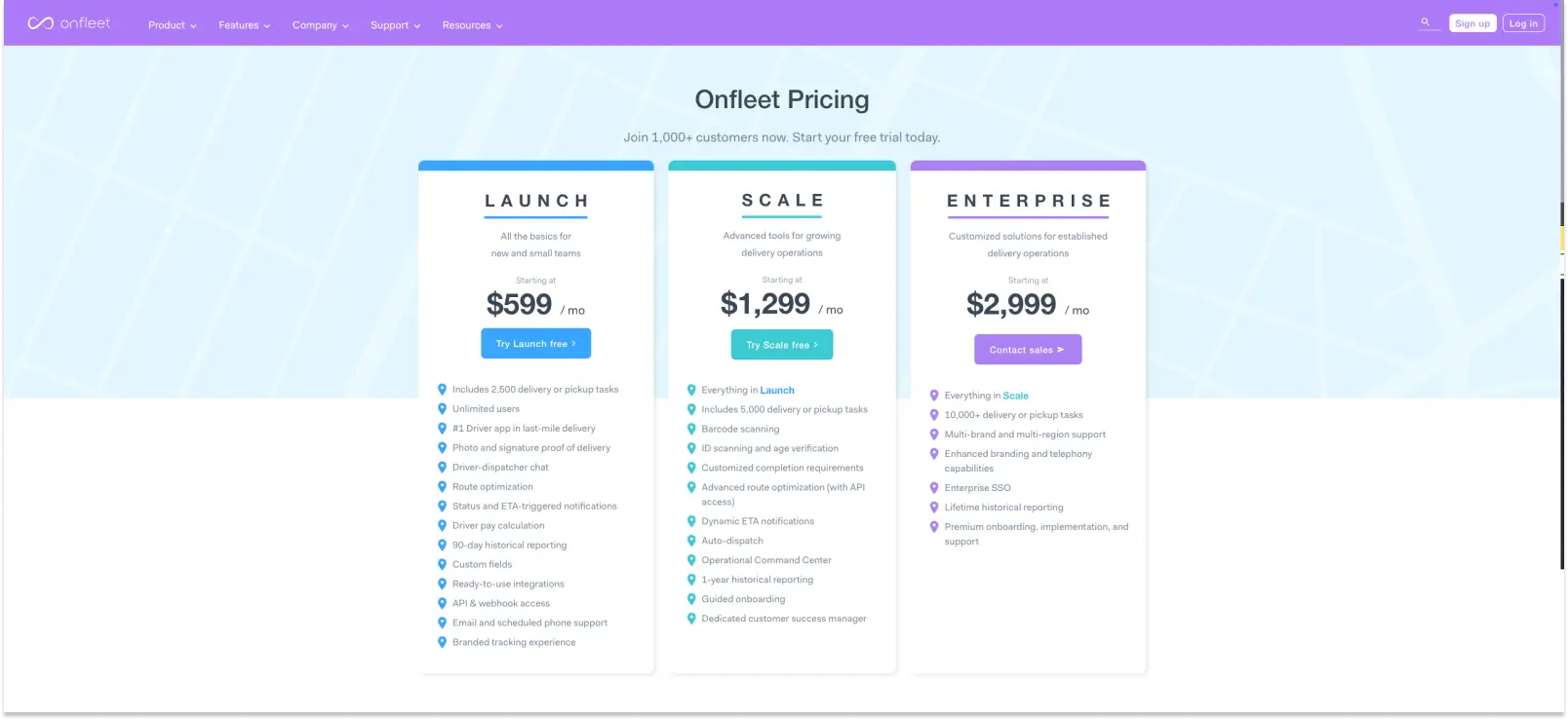 Screenshot of Onfleet’s pricing page.