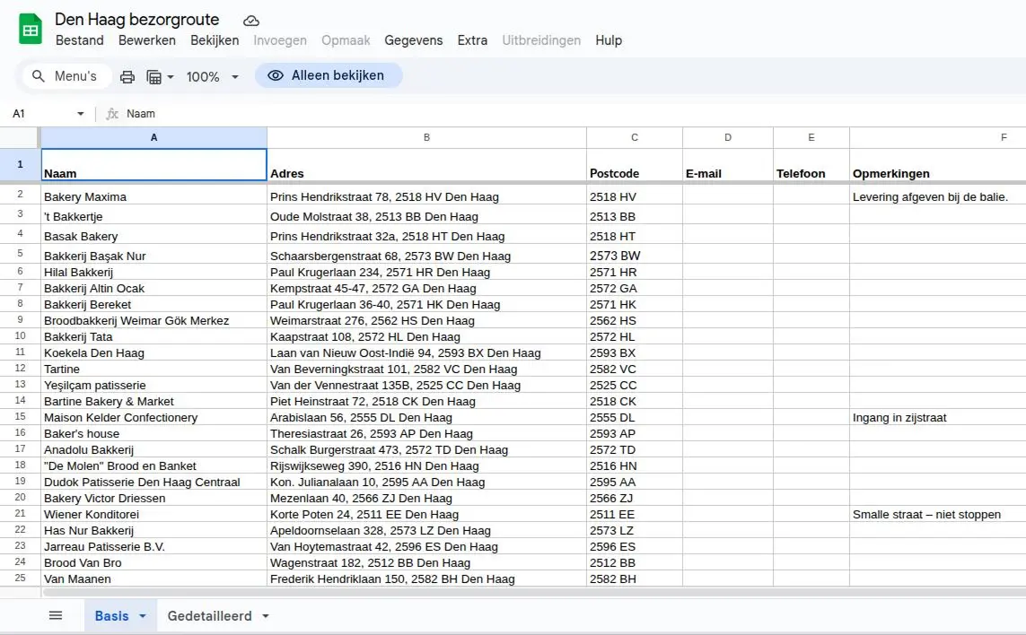 Gedeeltelijke screenshot van een spreadsheet met de titel "Den Haag bezorgroute" en meerdere kolommen