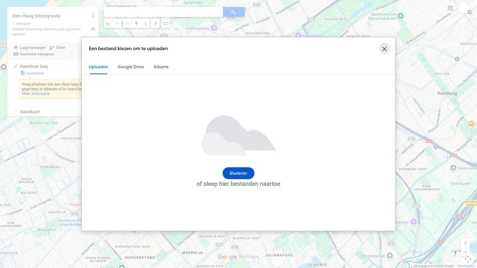 Screenshot van het dialoogvenster "Kies een bestand om te importeren" in Google My Maps.