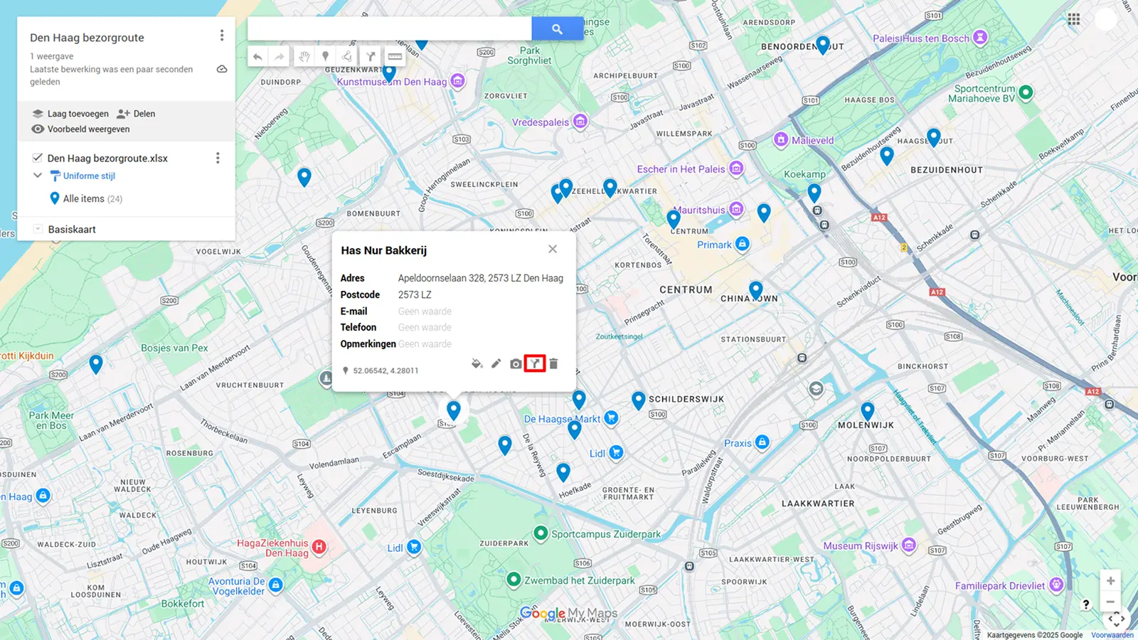 Screenshot van MyMaps met de informatiekaart voor één stop. De knop "Route maken naar dit punt" is gemarkeerd.