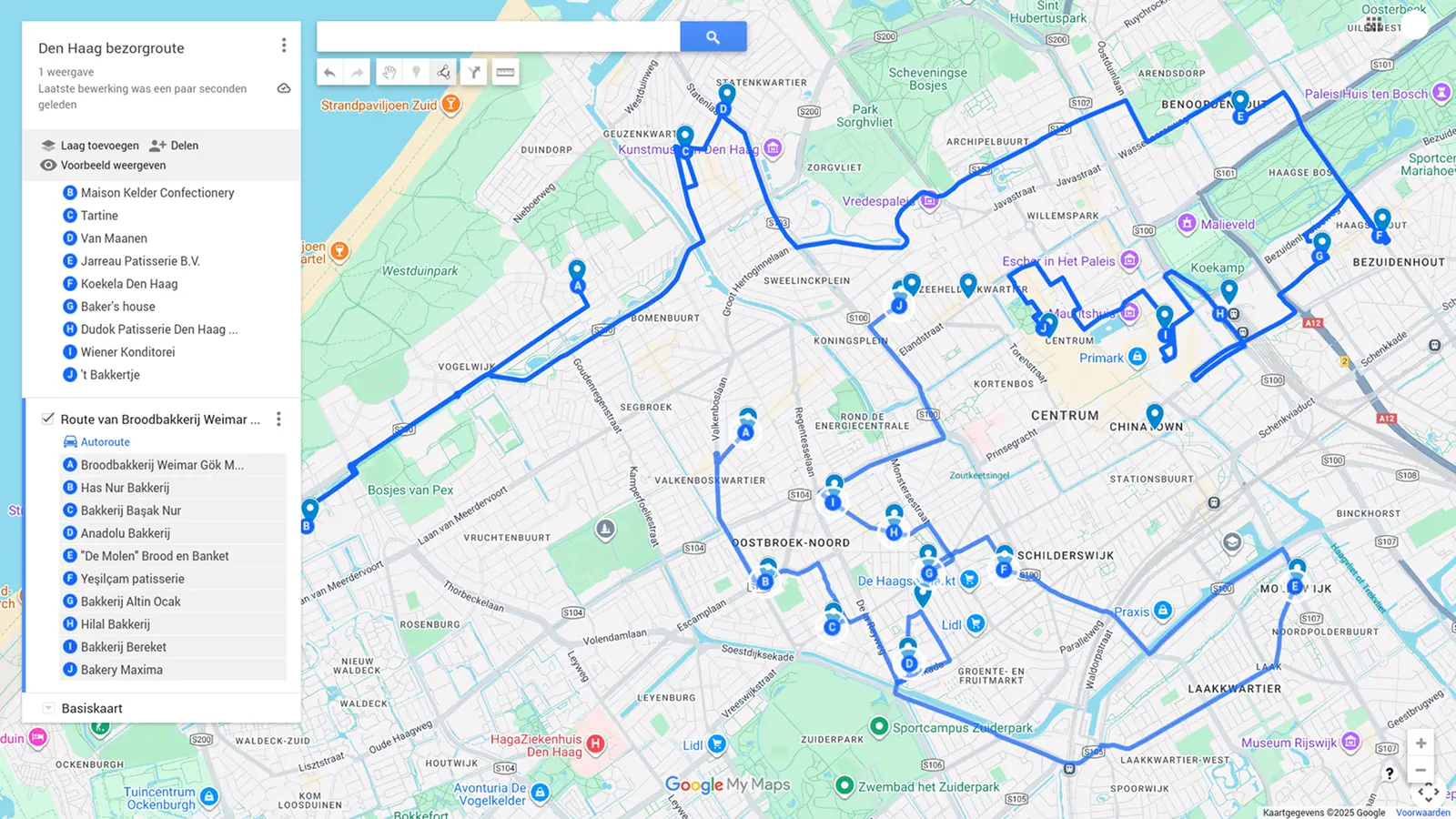 Screenshot van MyMaps met twee routes die in Den Haag zijn gemaakt.