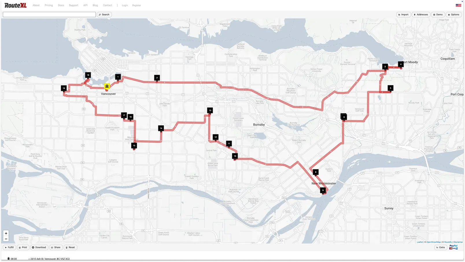Screenshot of a RouteLX route around Vancouver