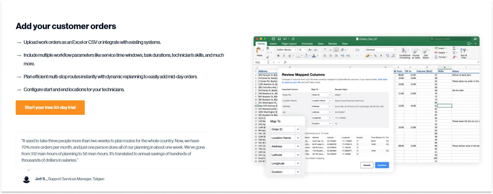 Screenshot of Optimoroute web page showing their route planning software for maintenance businesses.