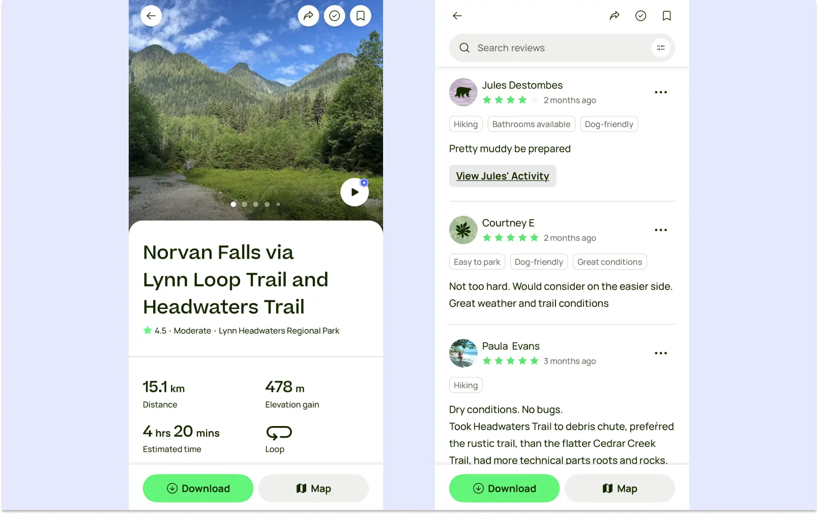 Screenshots of an AllTrails route to Norvan Falls in Vancouver, showing overall route statistics as well as a selection of user reviews.