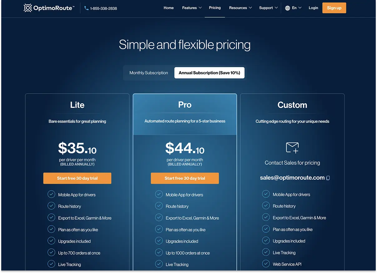 Screenshot of OptimoRoute pricing page