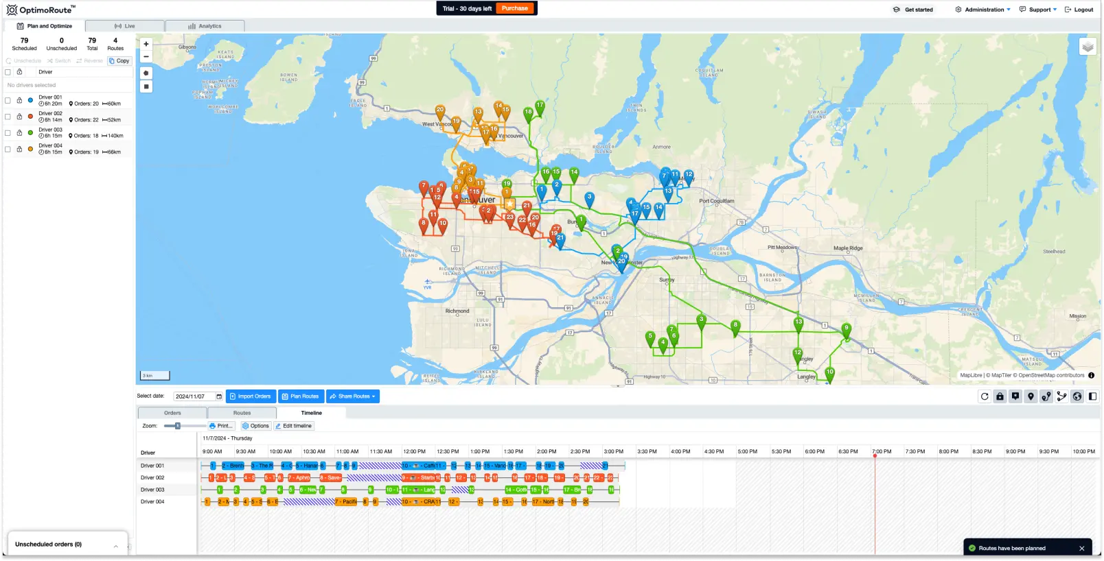 Screenshot of the OptimoRoute app showing routes with map and timeline view