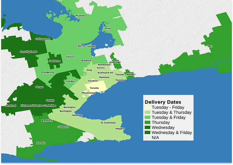 Map showing 100km Foods delivery areas and dates. 