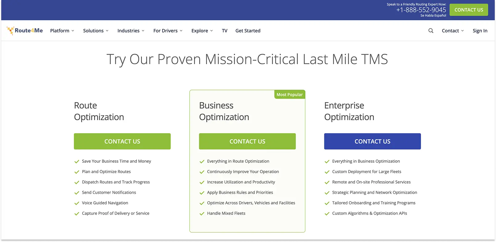 Screenshot of Route4Me pricing page showing "Contact Us" on all tiers