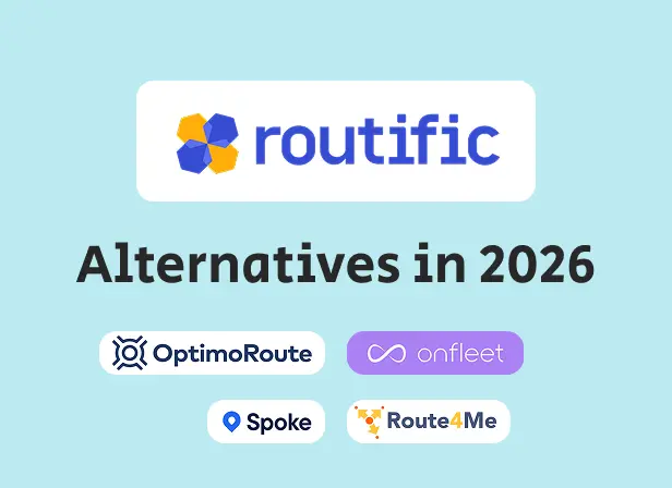 Graphic showing the logos of Routific and the competitors discussed in this article: OptimoRoute, Onfleet, Spoke Dispatch, and Route4Me.