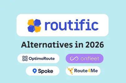Graphic showing the logos of Routific and the competitors discussed in this article: OptimoRoute, Onfleet, Spoke Dispatch, and Route4Me.