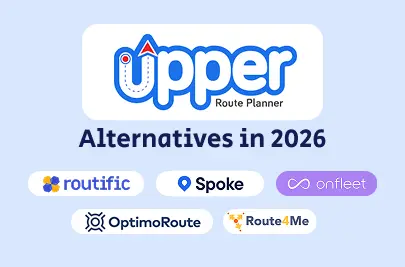 Graphic showing the Upper logo, text "Alternatives in 2026" and the logos of Routific, Spoke, Onfleet, OptimoRoute and Route4Me.