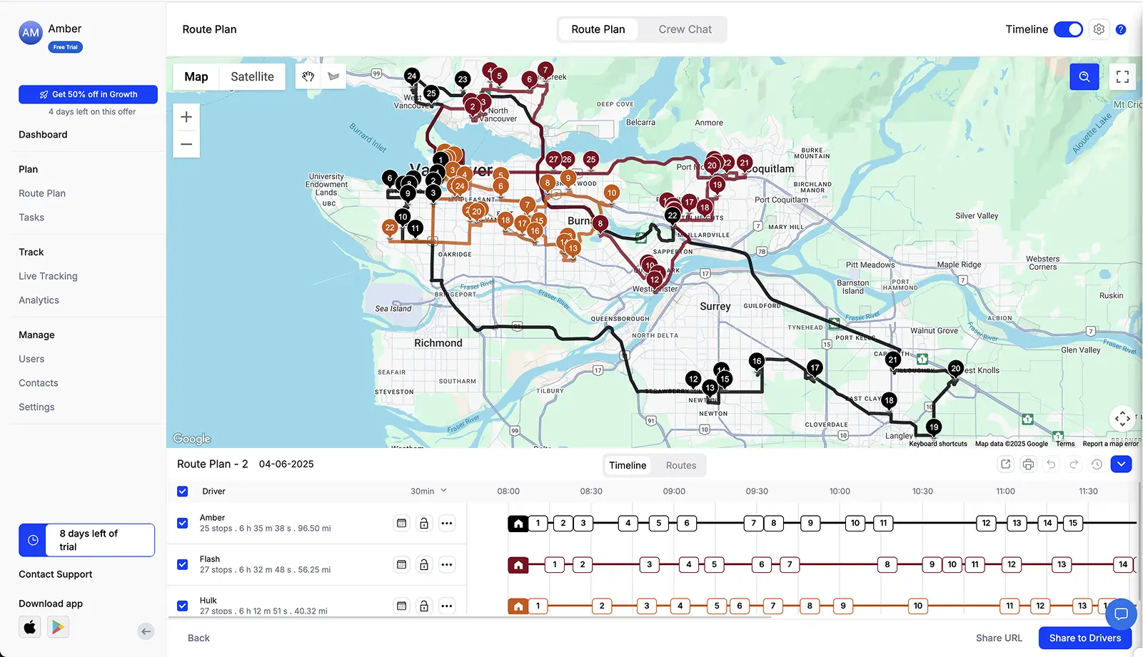 Screenshot showing three routes optimized with Upper.