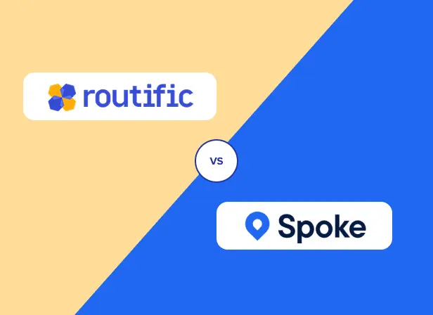 Diagonally split graphic showing the Routific logo in the top left quadrant and the Spoke logo in the bottom right quadrant.