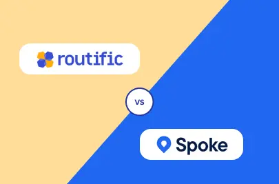 Diagonally split graphic showing the Routific logo in the top left quadrant and the Spoke logo in the bottom right quadrant.