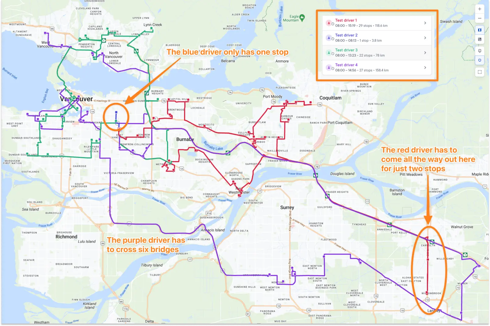 Spoke Dispatch screenshot showing messy, overlapping routes in Vancouver