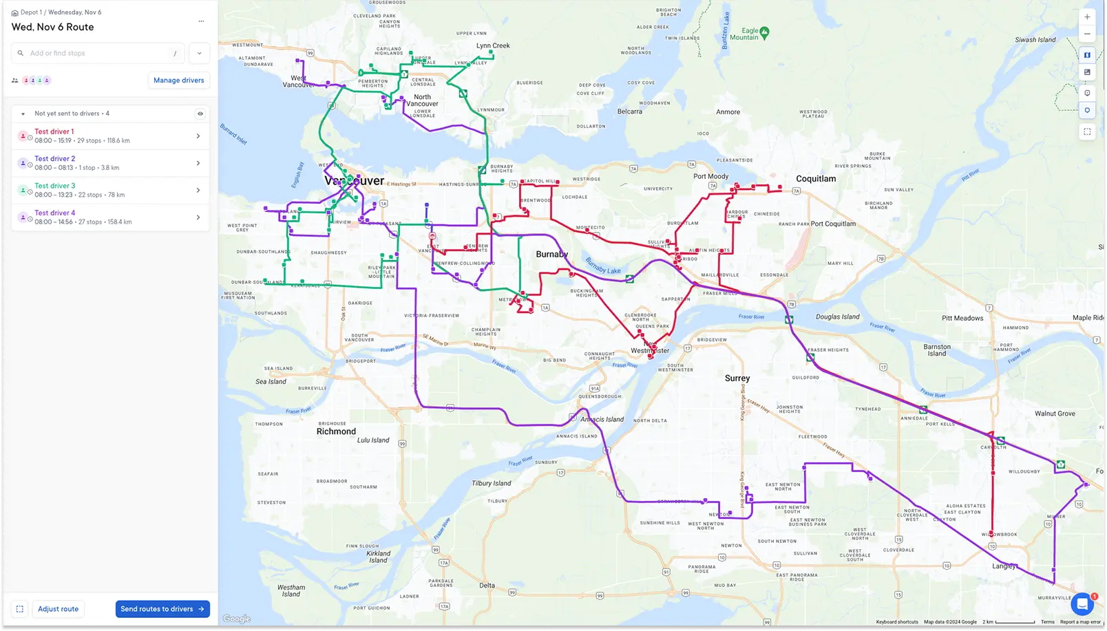 Spoke Dispatch screenshot showing four optimized delivery routes.