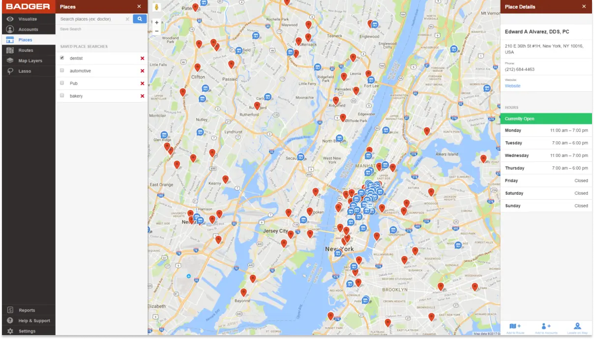 Badger Maps screenshot showing customer locations on a map with optimized route.