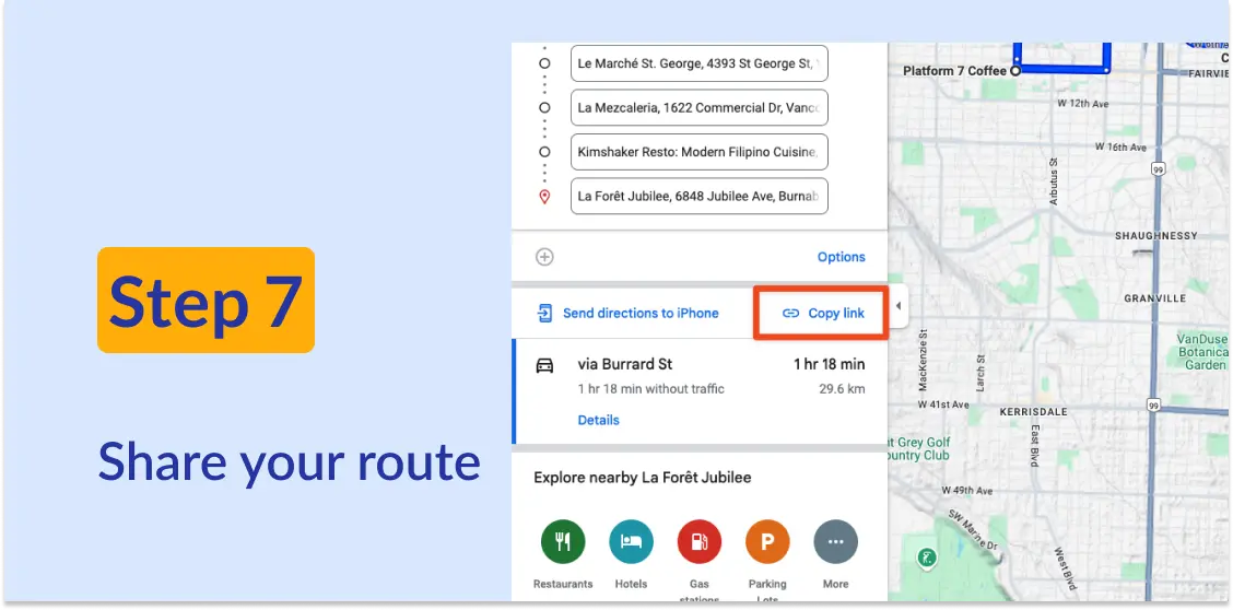 Google Maps routing panel. Copy link is highlighted in red. Text: Step 7, Share your route.