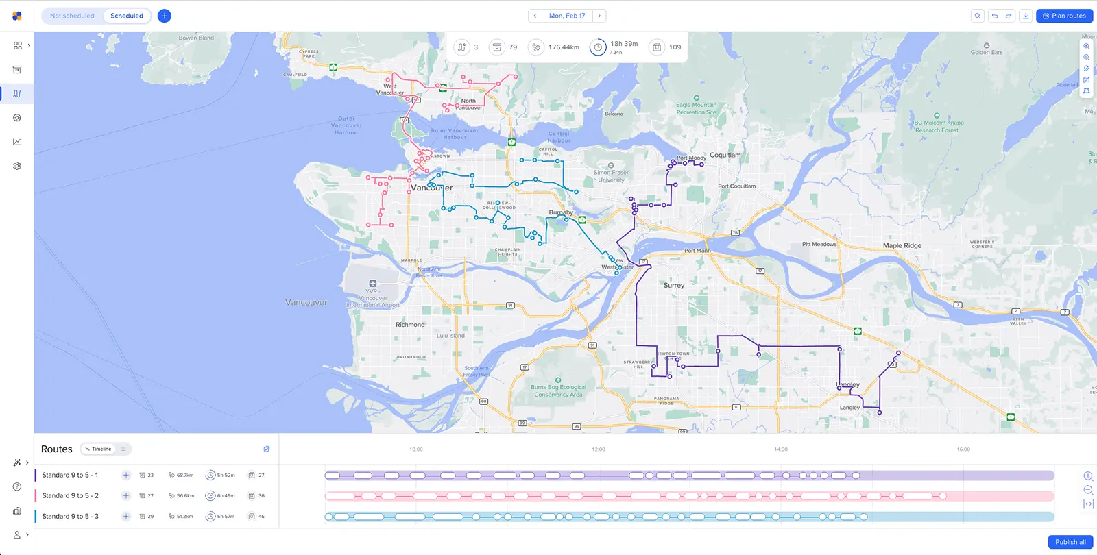 Screenshot of Routific with three planned routes showing on the map and timeline