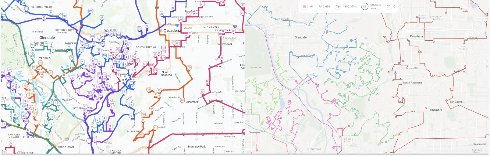 Side by side screenshots of Circuit and Routific routes, showing how Routific's are cleaner.