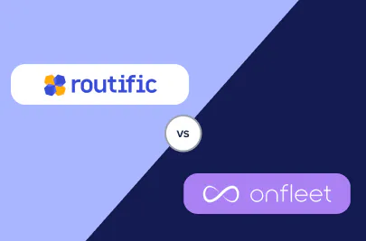 Simple graphic showing the Routific and Onfleet logos separated by a diagonal slash