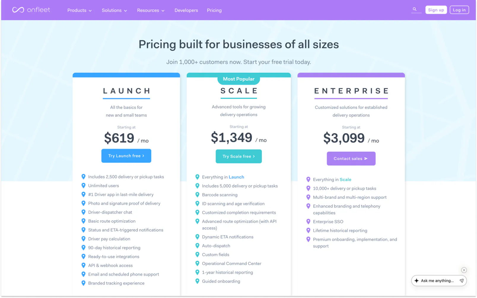 Screenshot of Onfleet pricing page showing Launch, Scale, and Enterprise tiers