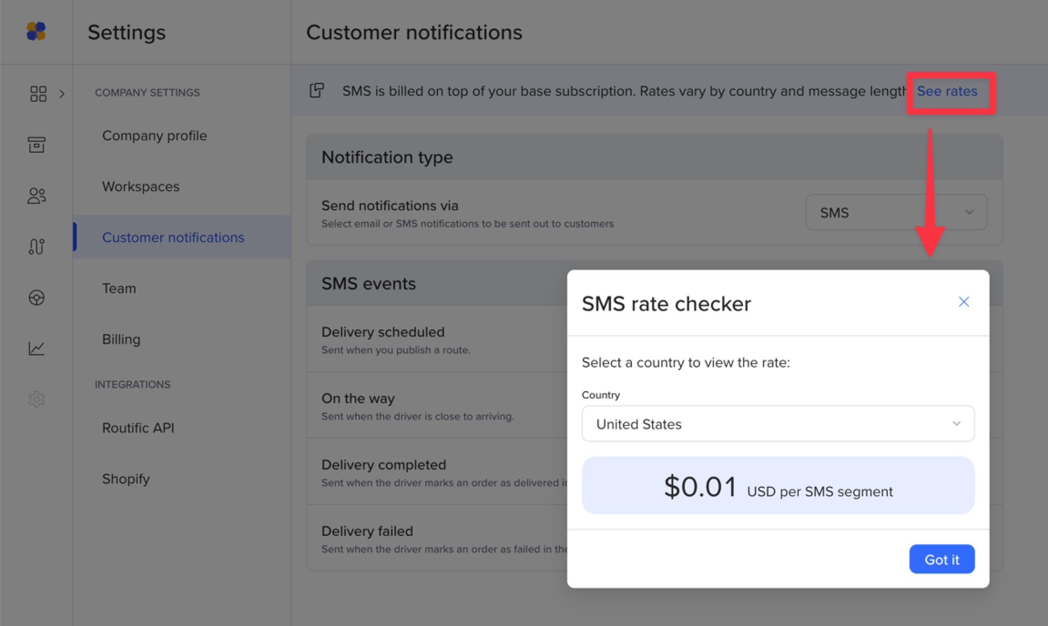 Routific settings screenshot showing the SMS rate checker. With United States selected as the country, the rate is $0.01 USD per SMS segment.