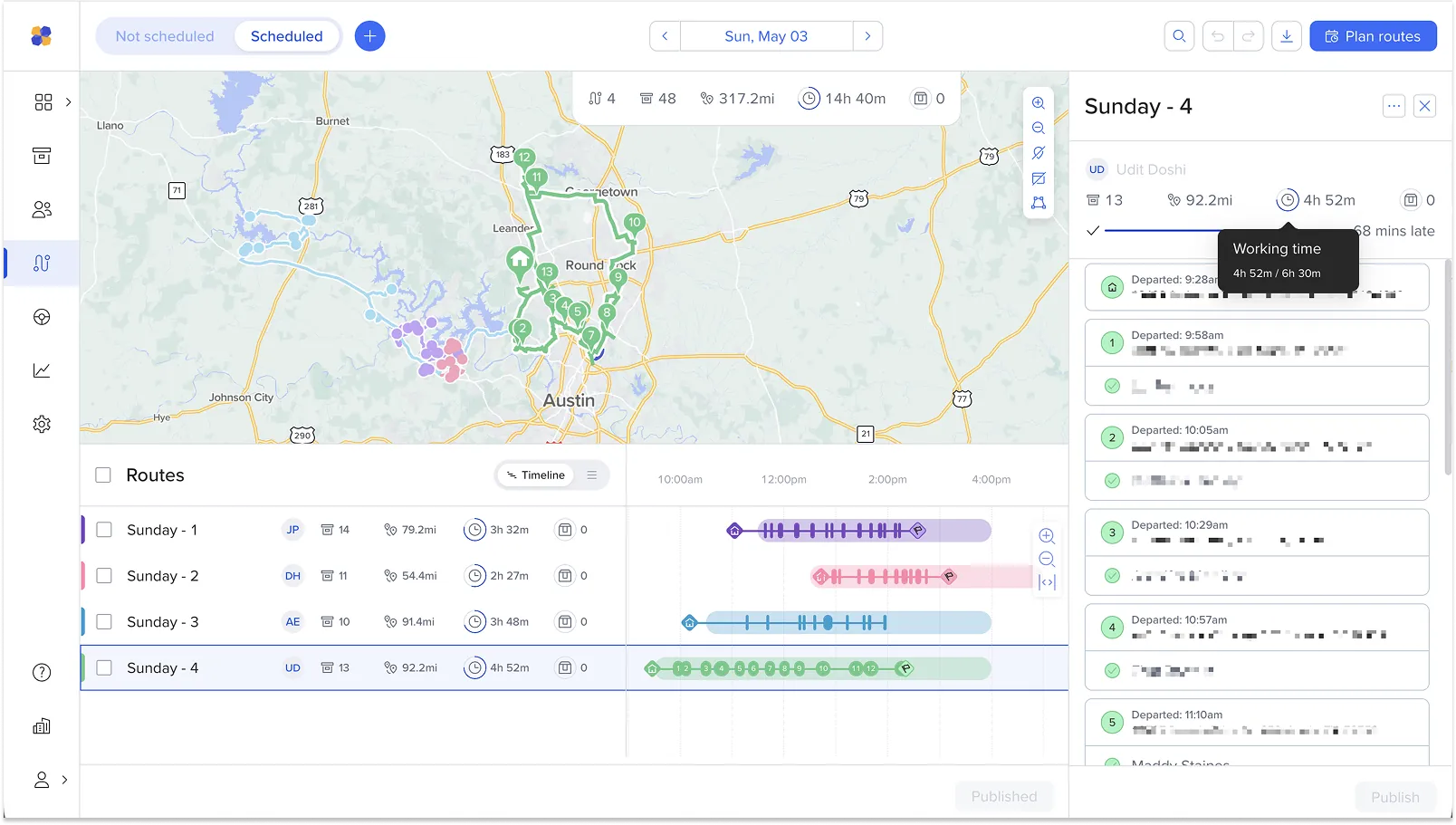 Routific screenshot showing four Gather and Deliver routes around Austin, Texas