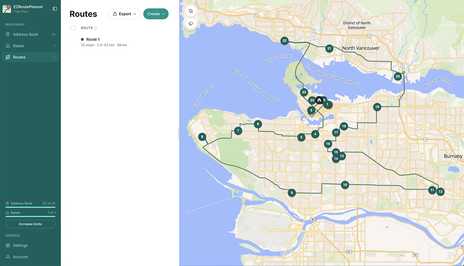 Screenshot of EZRoutePlanner showing a 25-stop route in Vancouver.