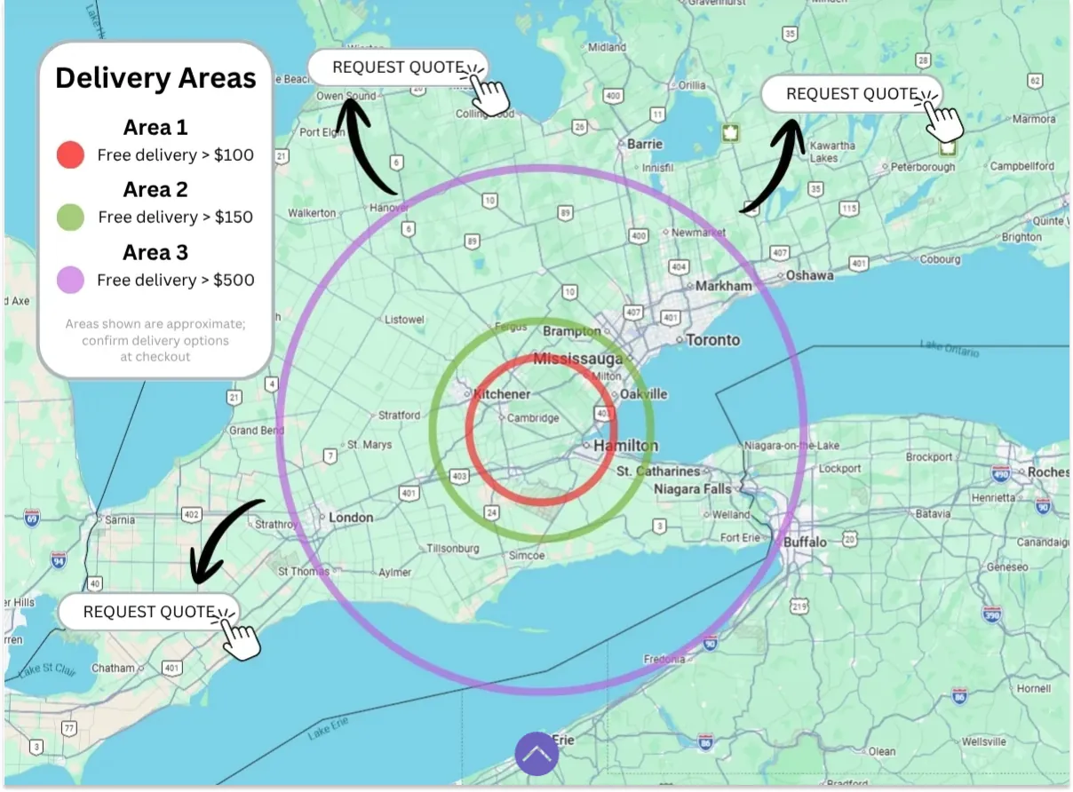 Map of southern Ontario showing GardenTap’s three delivery zones radiating out from their headquarters, and the associated free delivery minimums.