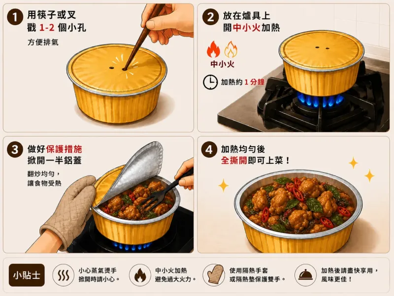 Illustrated reheating instructions for Three Aunties meals.