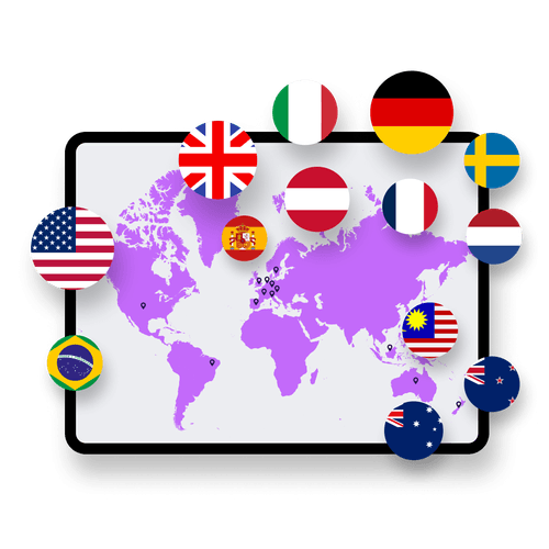 Übersicht einer Weltkarte mit Länderflaggen und Standortmarkierungen, gerahmt im Tablet-Design