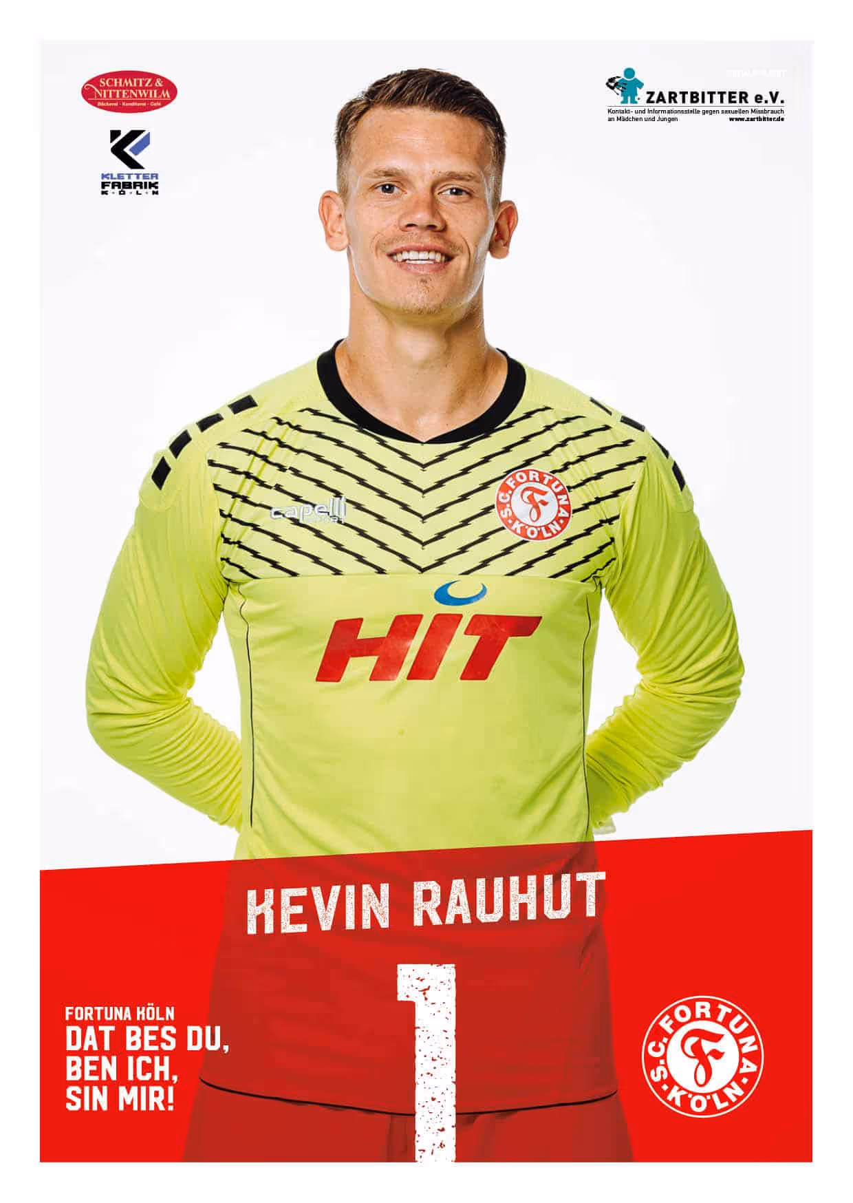 Kevin Rauhut in yellow goalkeeper jersey with Fortuna Köln logo, smiling with hands behind his back.